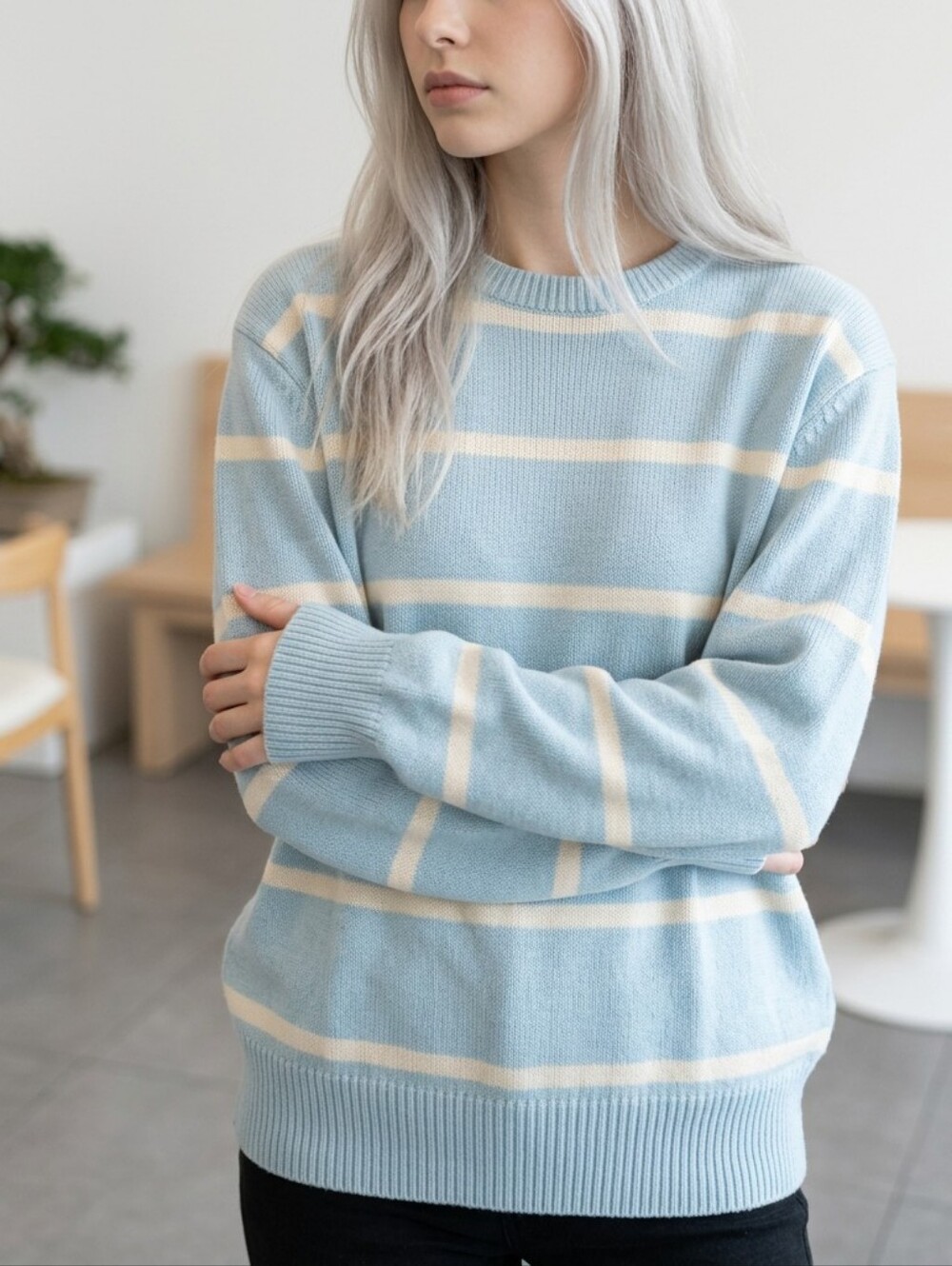 Rare Vintage 90s TUFF Light Blue & Ivory Preppy Striped Crew Neck Sweater Medium